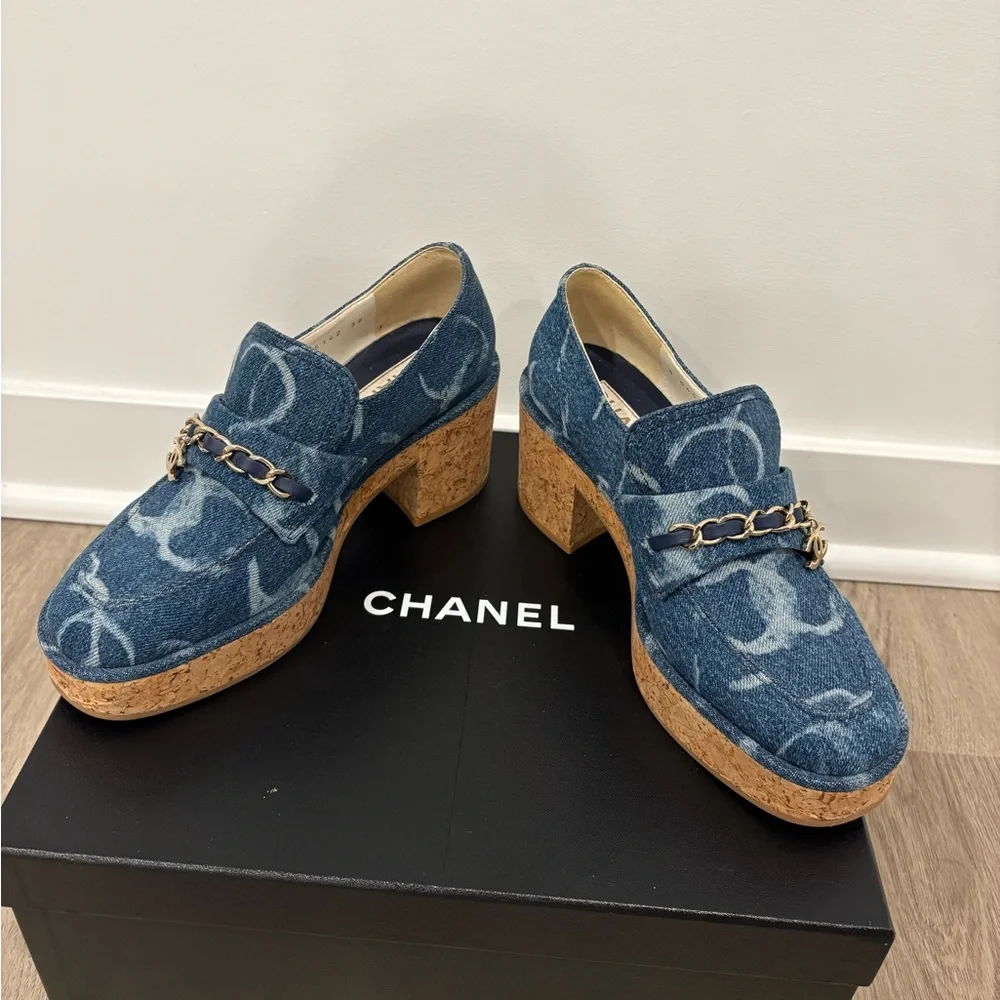 Chanel Denim Cork Loafer Denim Shoes Platform - Picture 2 of 10